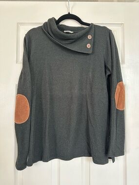 Women's Gray Cowl Neck Sweater with Tan Elbow Patches